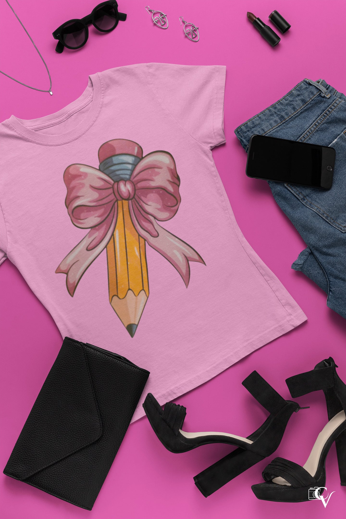 Large Pencil with Pink Bow (3 transfers available for pressing)