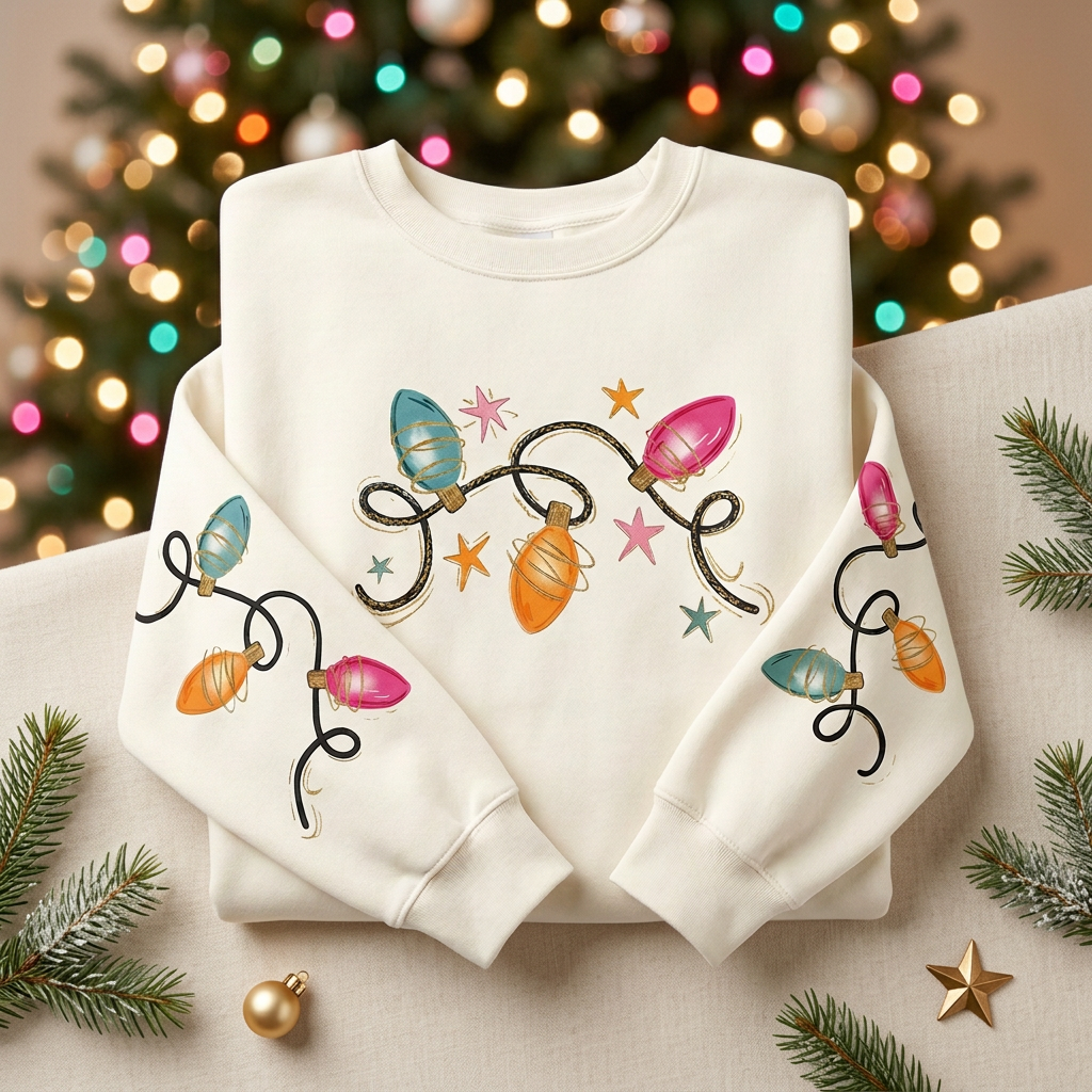 Christmas Lights Crewneck with matching sleeve design (Ready to Ship)