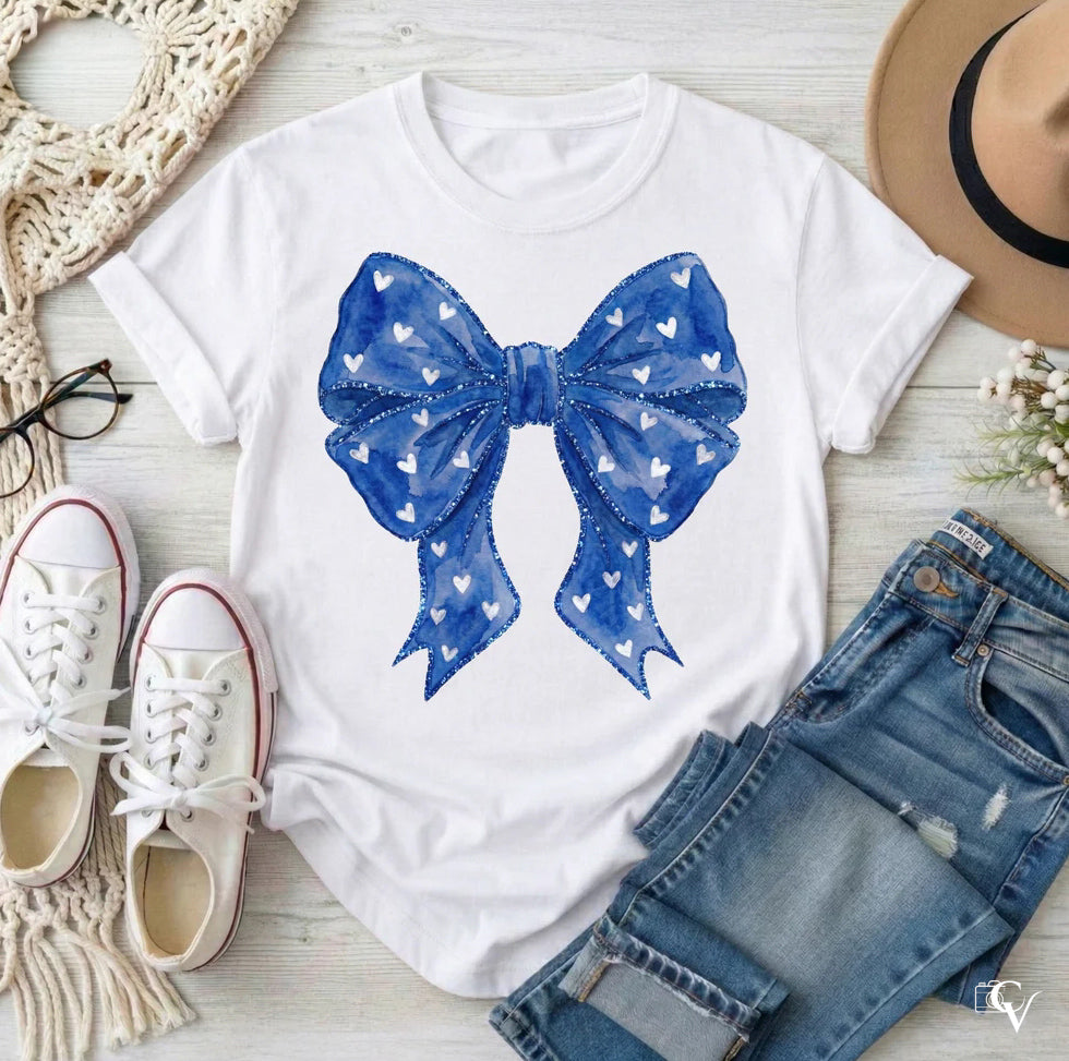 Blue Bow with Hearts (3 Transfers available for pressing)