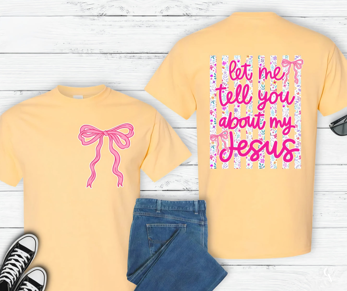 Let Me Tell You About My Jesus with Bow pocket (3 Transfers available for pressing)