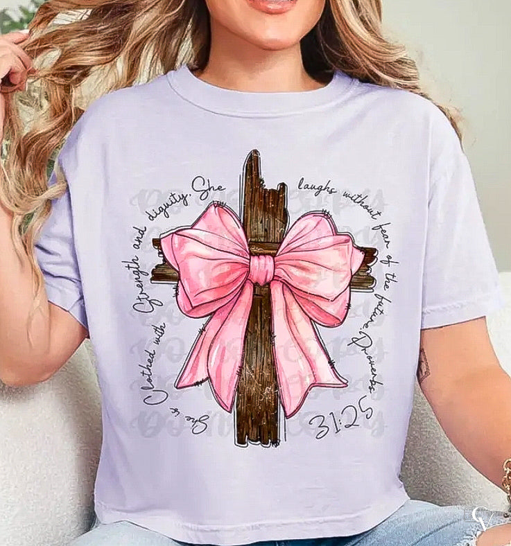 She Is Clothed In Strength Pink Cross Transfer (2 Transfers available for pressing)
