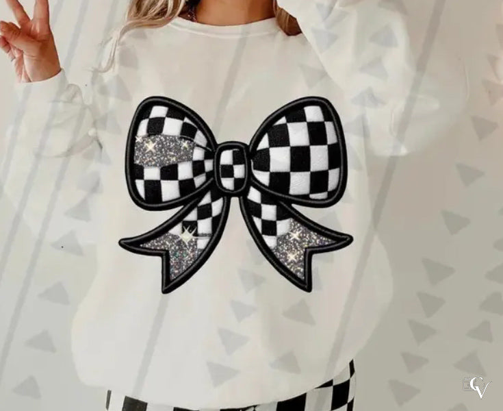 Checkered Racing Bow with Pocket (3 Transfers Available for pressing)