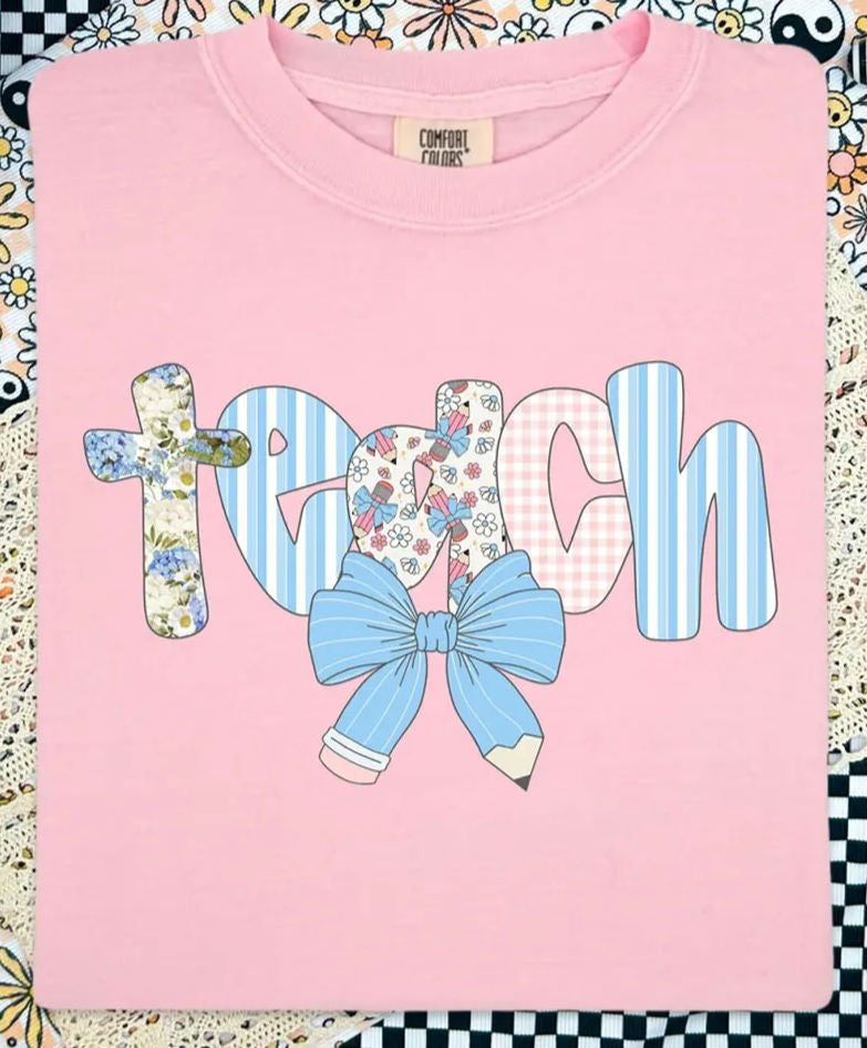 Teach with Blue Pencil Bow T-Shirt image 0