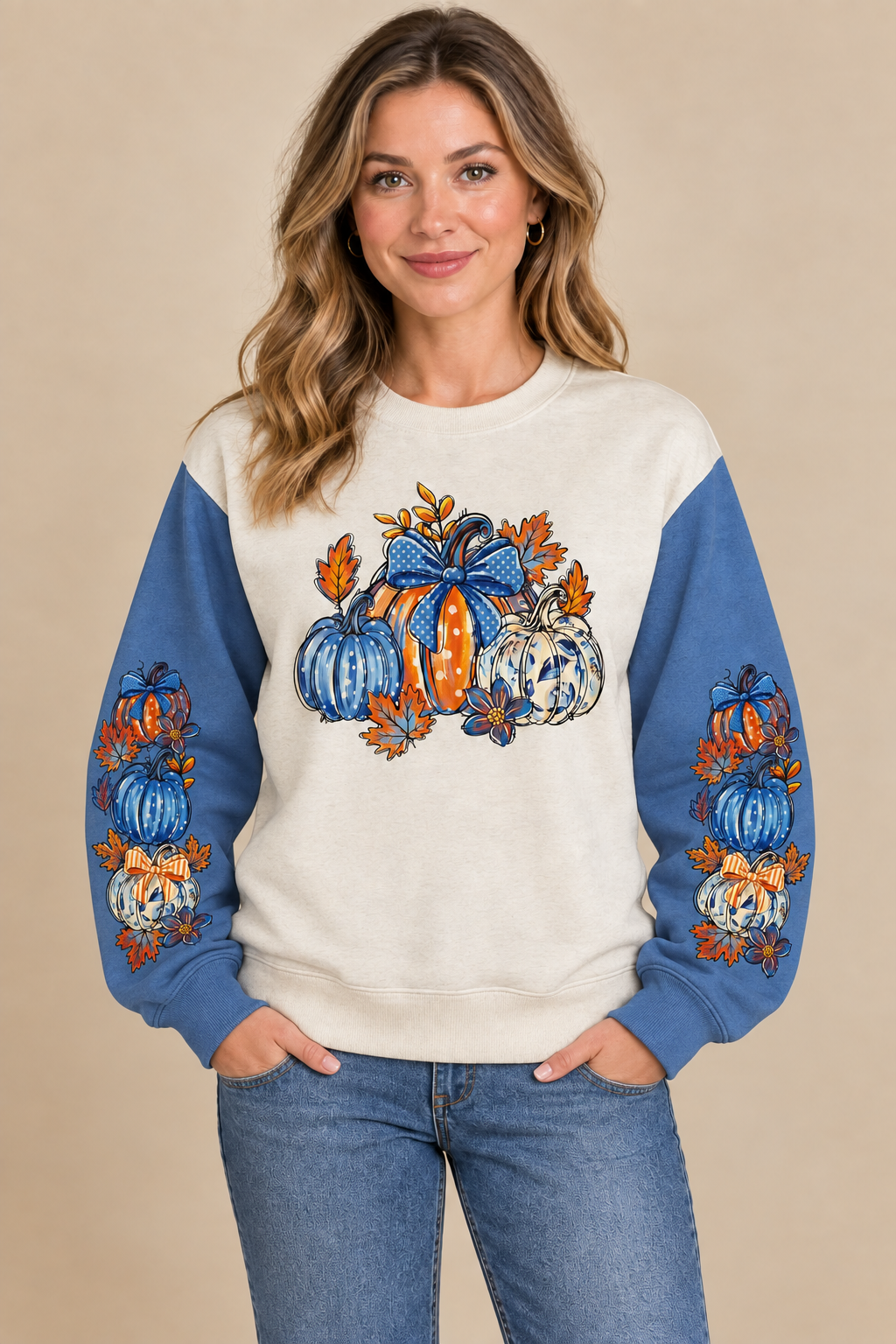Crewneck model with both hands in her jeans pockets