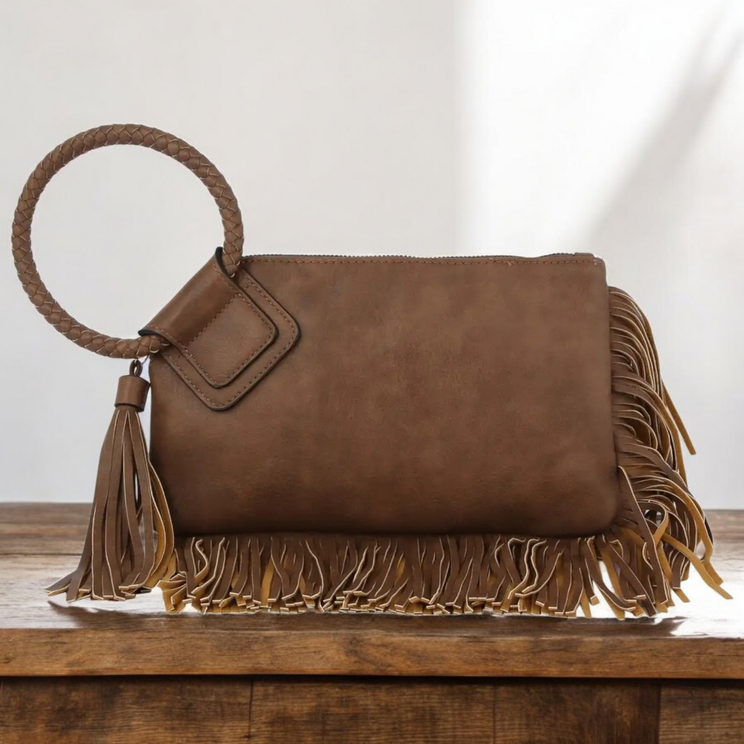 Brown Fringe Vegan Soft Leather Wristlet Clutch image 0