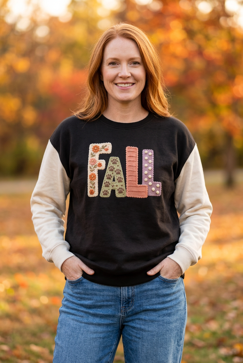 Redheaded model wearing your FALL sweatshirt with hands in her pockets