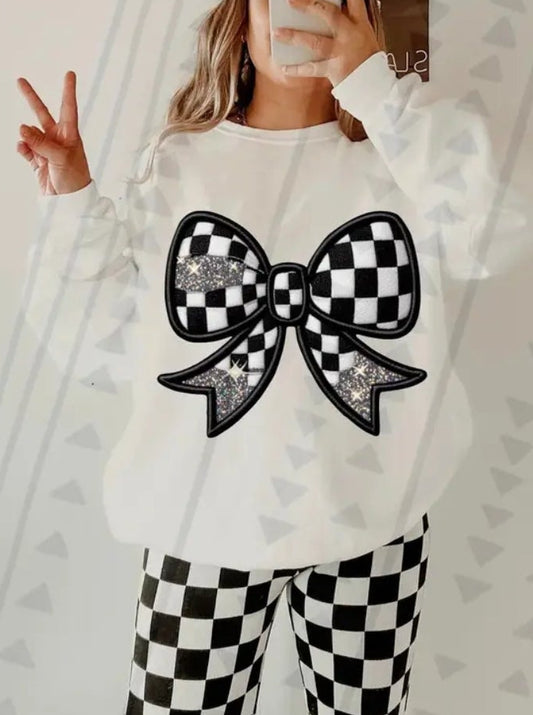 Checkered Racing Bow with Pocket (3 Transfers Available for pressing)