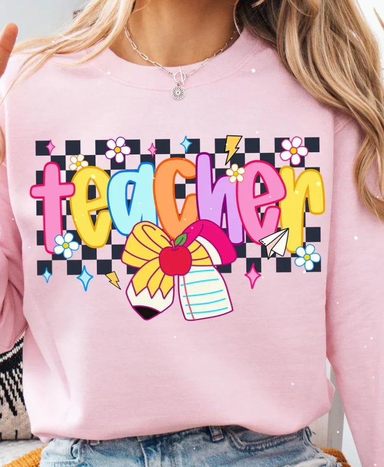 Checkered Colorful Teacher (4 Transfers available for pressing)