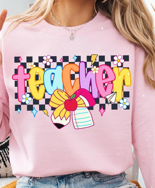 Checkered Colorful Teacher (4 Transfers available for pressing)