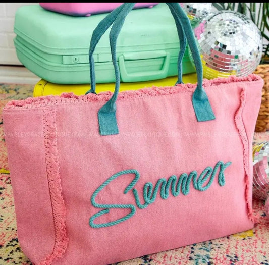 Pink Sewn Rope Summer Letters with Fringe Tote 3/21/26 RTS