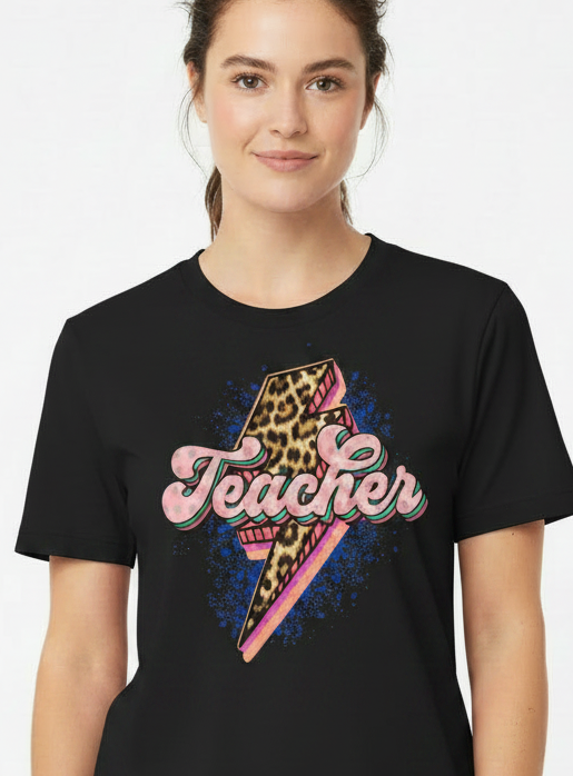 Teacher with Leopard Lightning Bolt T-Shirt (2 Transfers available for pressing)