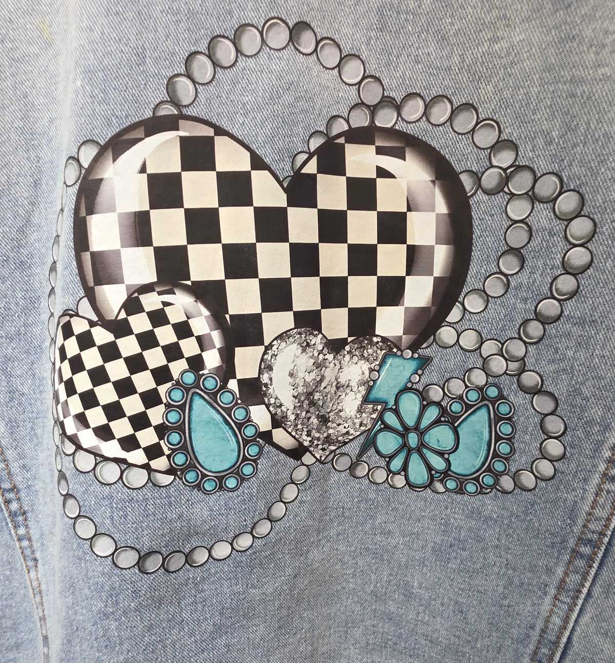 Checkered Hearts and Turquoise Jean Jacket