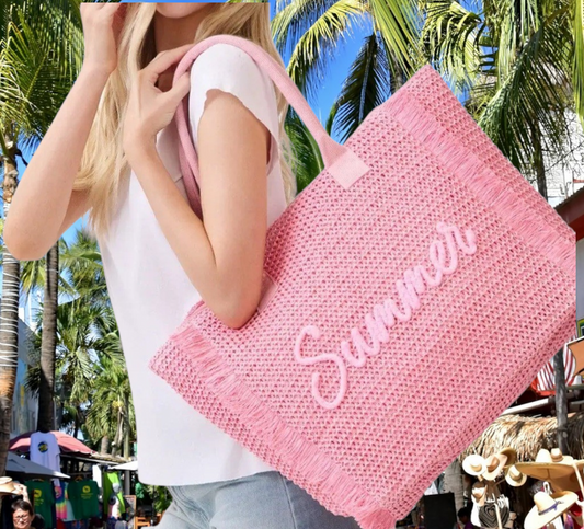 Pink Straw Fringe Summer Tote 3/21/26 RTS