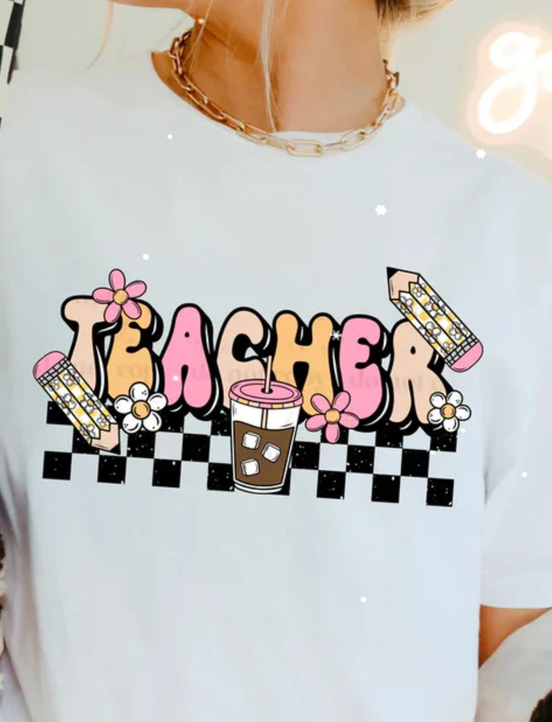 Glitter Checkered Teacher (5 Transfers available for pressing)
