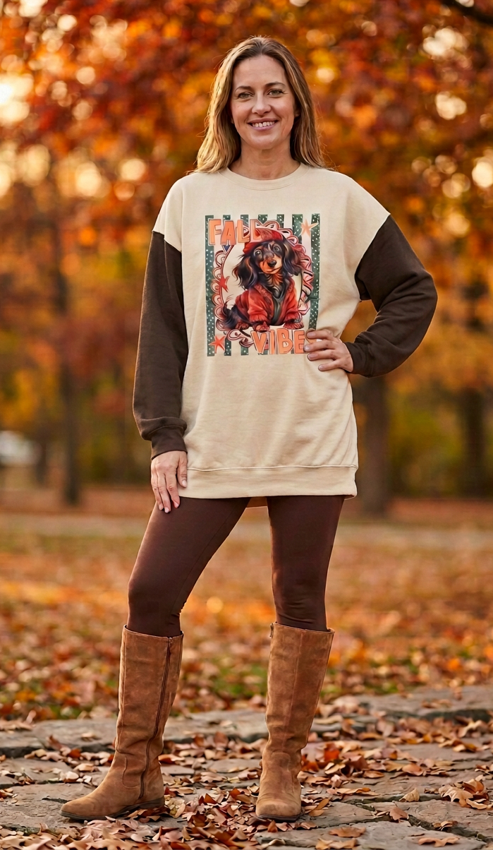Fall Vibes  Cute Puppy 2 Tone Crewneck